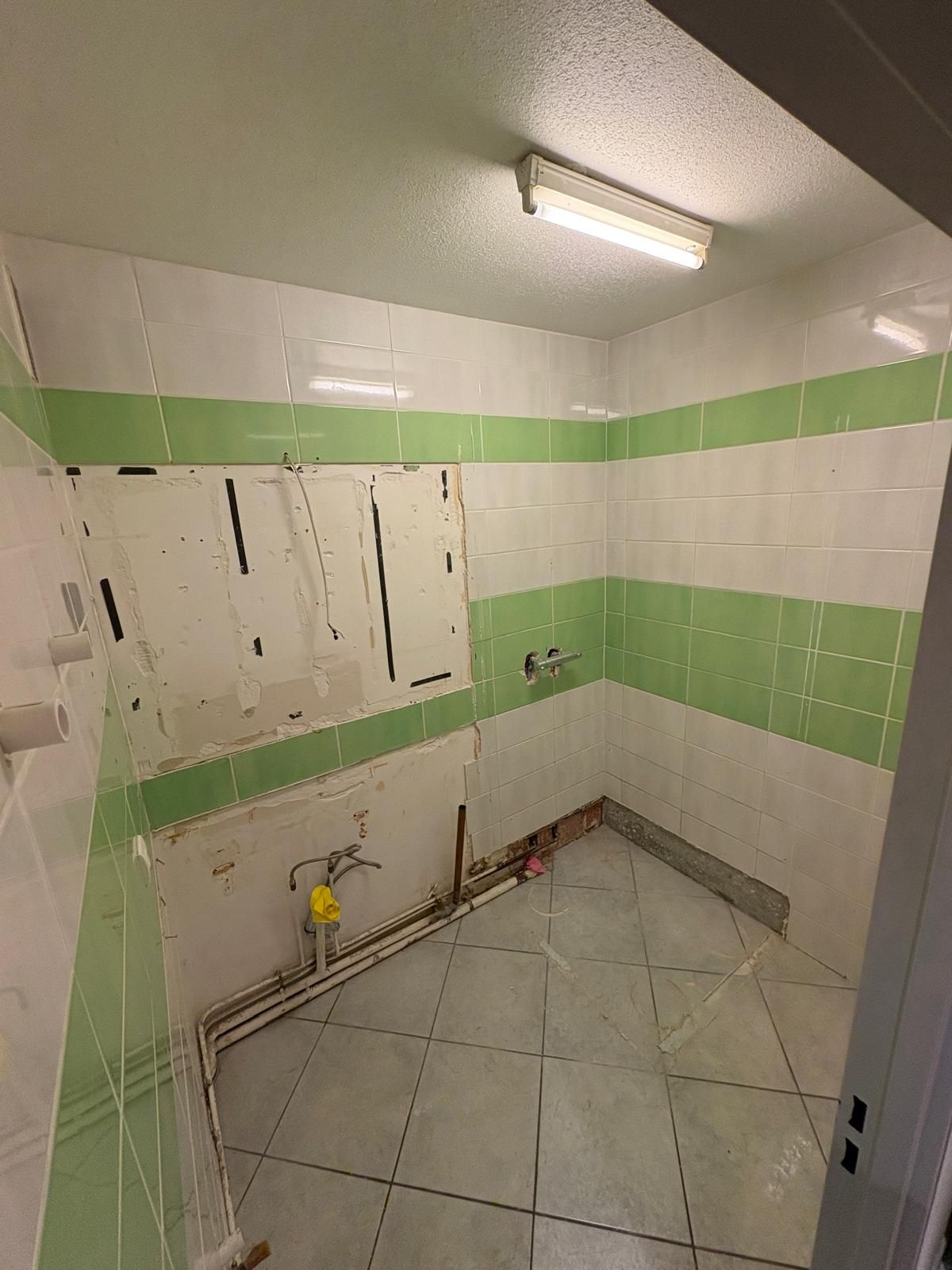 Avant : salle de bain avec ancien carrelage vert et blanc, murs démontés